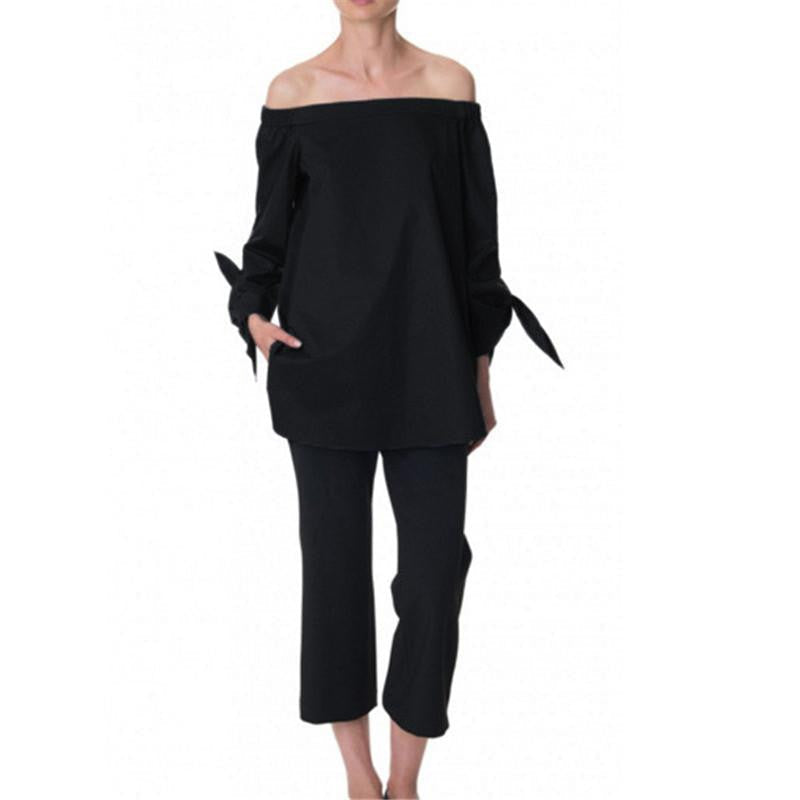 Women Slash Neck Off Shoulder Strapless Long Sleeve Bowknot Blouse Top Casual Loose Shirt dress 4 Color