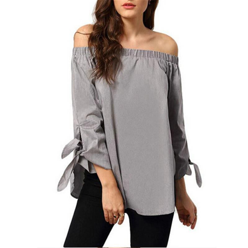 Women Slash Neck Off Shoulder Strapless Long Sleeve Bowknot Blouse Top Casual Loose Shirt dress 4 Color
