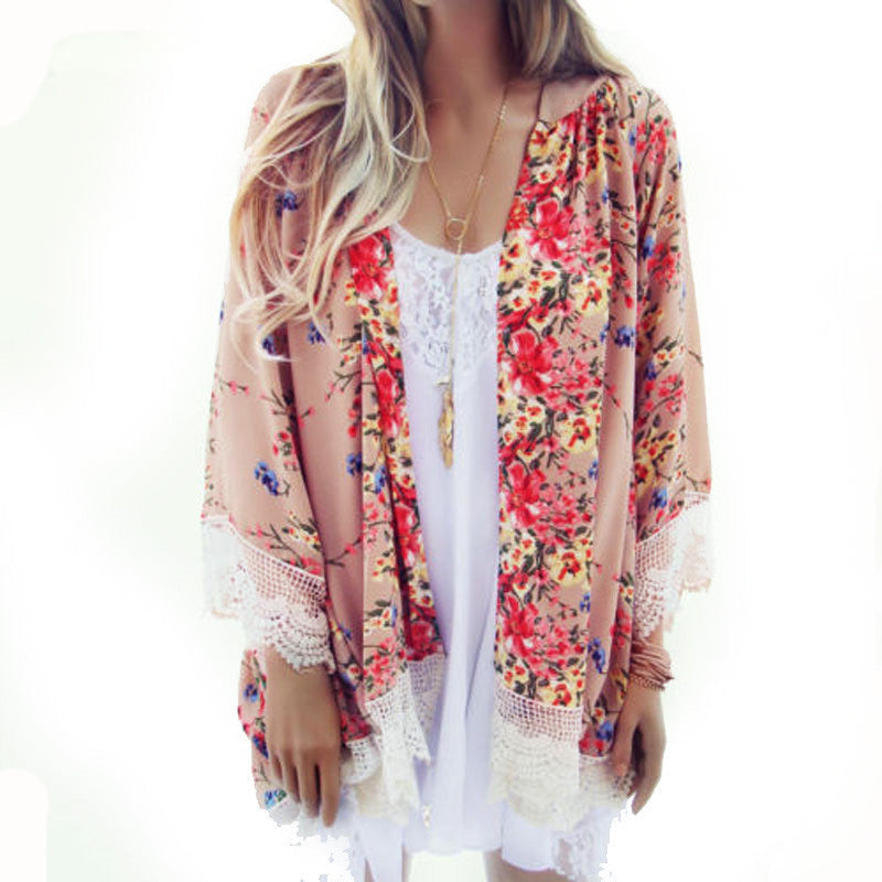 Online discount shop Australia - Chiffon Blouse Women Printed Cardigan Fringed Hem Lace Shawl Oversized Tops Outwear
