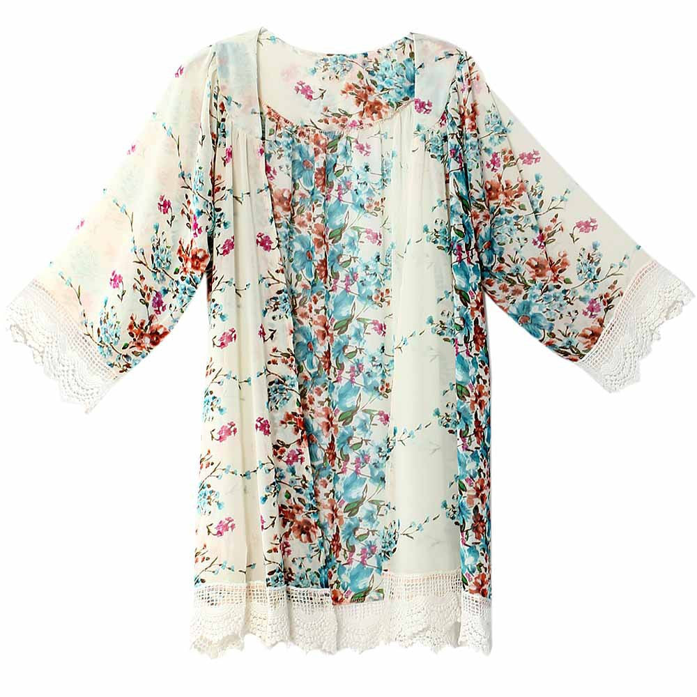 Online discount shop Australia - Chiffon Blouse Women Printed Cardigan Fringed Hem Lace Shawl Oversized Tops Outwear