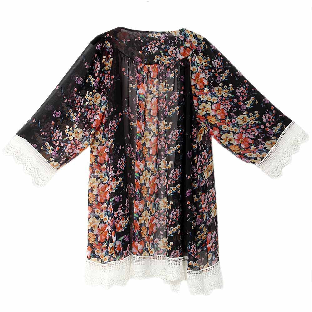 Online discount shop Australia - Chiffon Blouse Women Printed Cardigan Fringed Hem Lace Shawl Oversized Tops Outwear