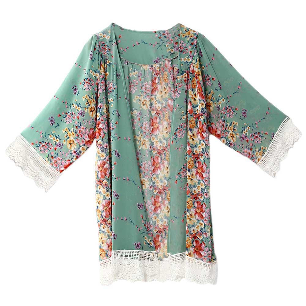 Online discount shop Australia - Chiffon Blouse Women Printed Cardigan Fringed Hem Lace Shawl Oversized Tops Outwear