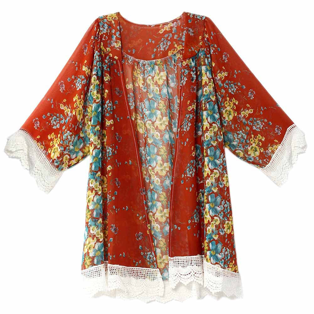 Online discount shop Australia - Chiffon Blouse Women Printed Cardigan Fringed Hem Lace Shawl Oversized Tops Outwear