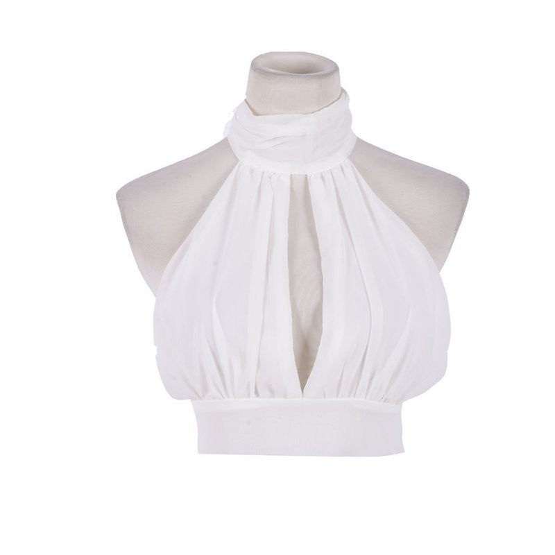 Online discount shop Australia - Girls Elegant Lace Backless Cropped Tanks Tops Women Sexy High Neck Halter Chiffon Crop Tops Tees