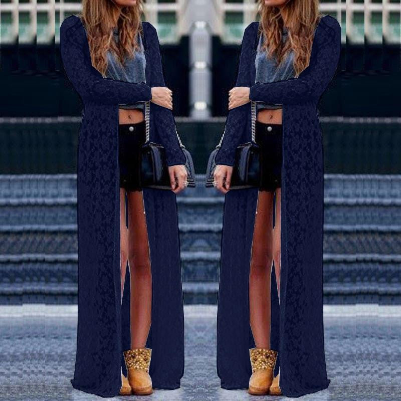 Women Outwear Lace Crochet Long Sleeve Beach Cardigan Casual Loose Long Blouses Tops Plus Size Shirts