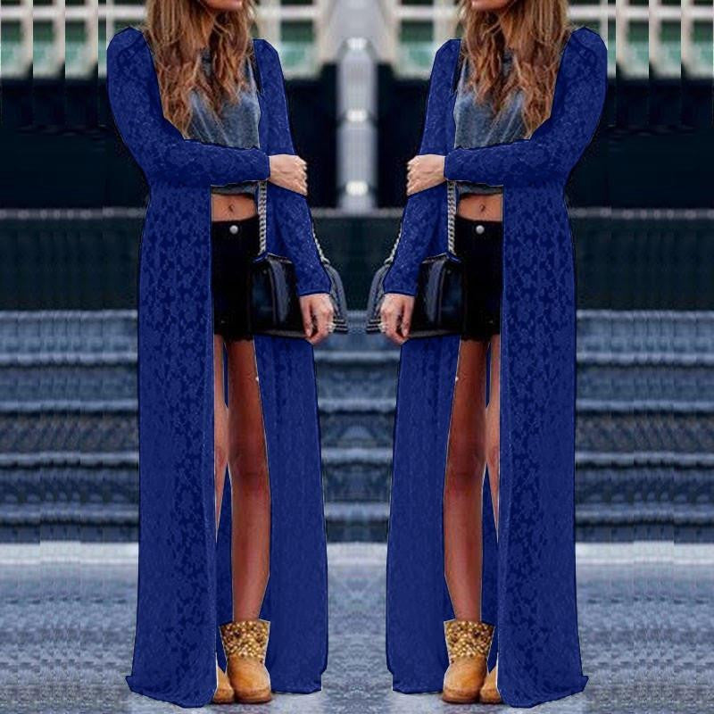Women Outwear Lace Crochet Long Sleeve Beach Cardigan Casual Loose Long Blouses Tops Plus Size Shirts