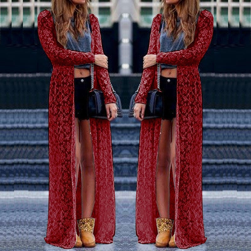 Women Outwear Lace Crochet Long Sleeve Beach Cardigan Casual Loose Long Blouses Tops Plus Size Shirts