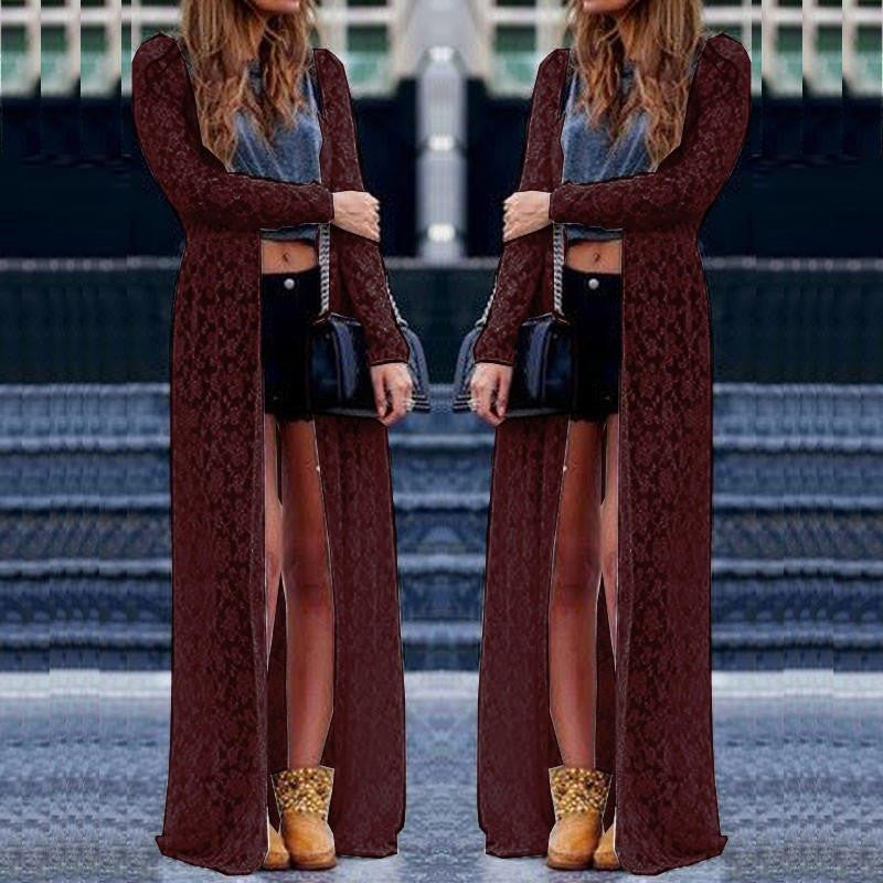 Women Outwear Lace Crochet Long Sleeve Beach Cardigan Casual Loose Long Blouses Tops Plus Size Shirts