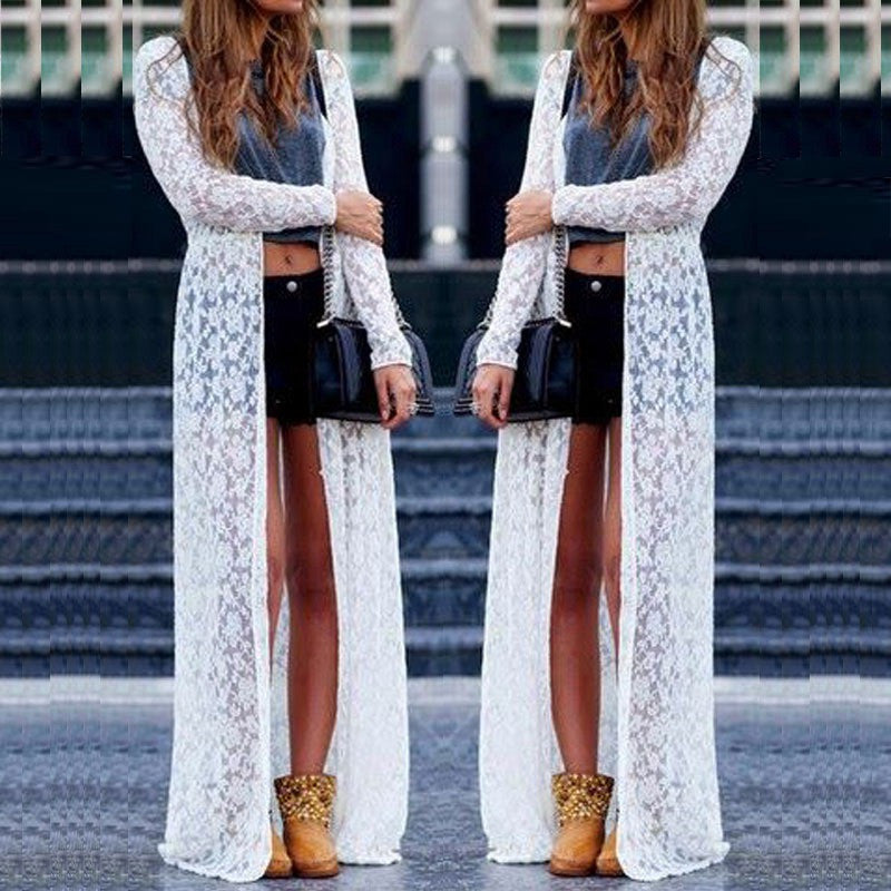 Women Outwear Lace Crochet Long Sleeve Beach Cardigan Casual Loose Long Blouses Tops Plus Size Shirts