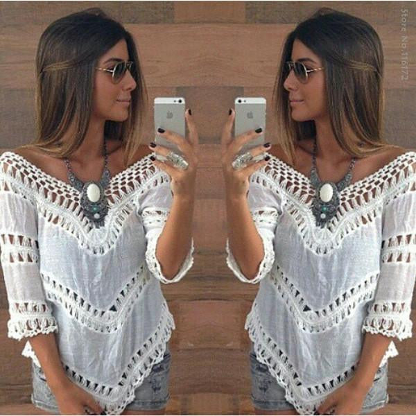 V neck White Tunic Crochet Lace Top Women Elegant Blouse Ladies Beach Shirt Big size