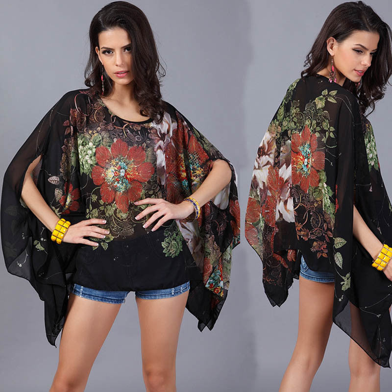 Online discount shop Australia - Boho Batwing Sleeve Chiffon Women Casual Floral Print Loose Kimono Shirts Big Size Beach Tunic Tops Peplum Robe
