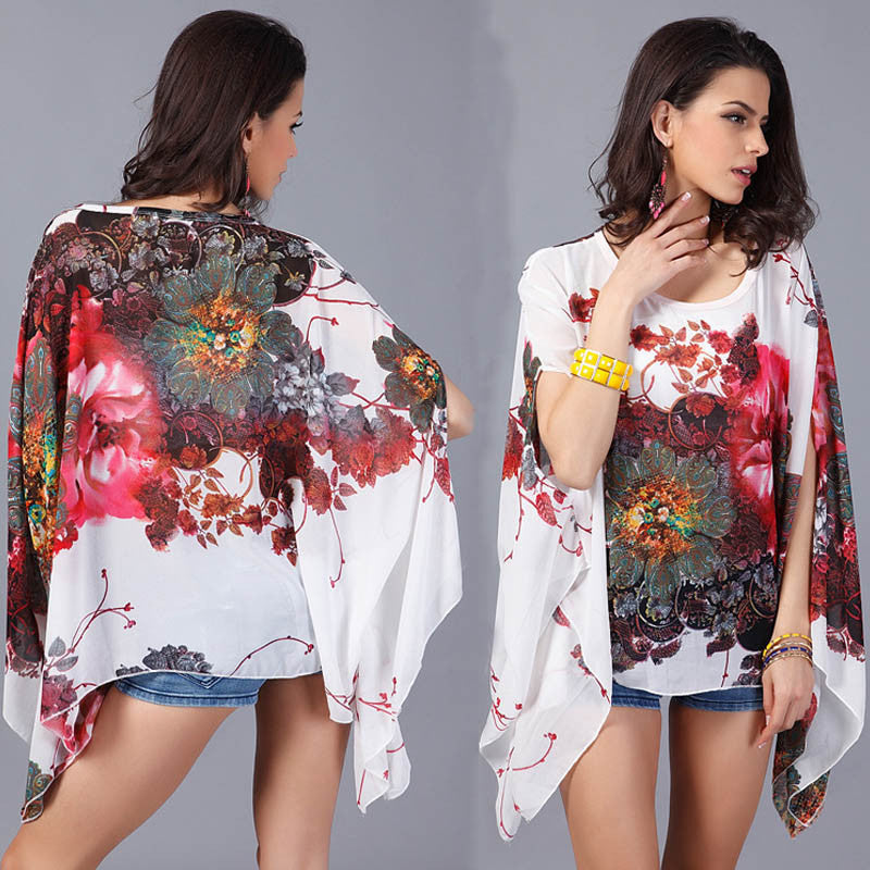 Online discount shop Australia - Boho Batwing Sleeve Chiffon Women Casual Floral Print Loose Kimono Shirts Big Size Beach Tunic Tops Peplum Robe