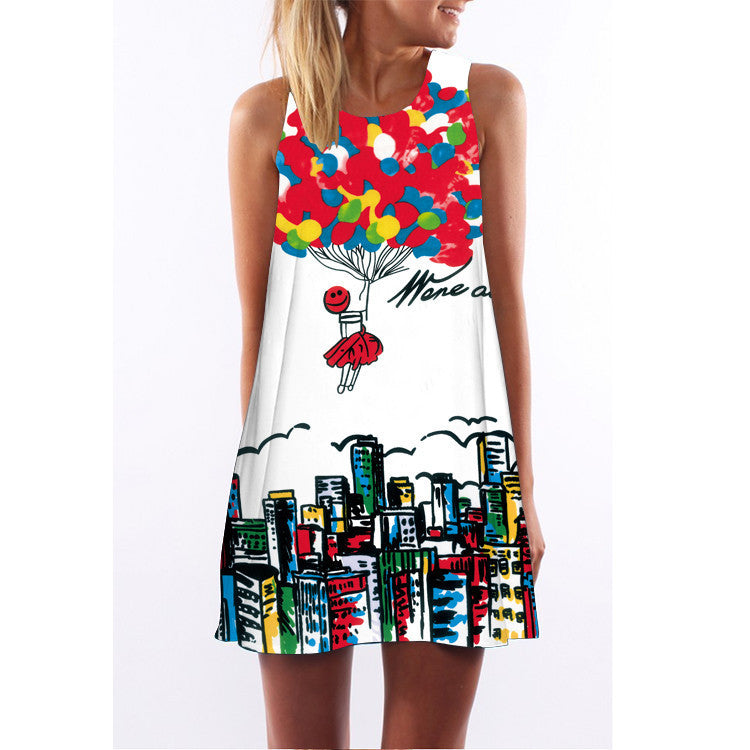 Summer women O-neck sleeveless dresses heart-shaped love printed white dress female fashion loose-fitting
