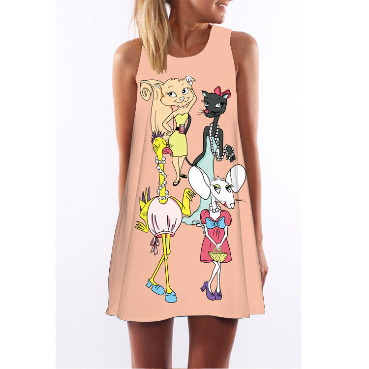 Summer women O-neck sleeveless dresses heart-shaped love printed white dress female fashion loose-fitting