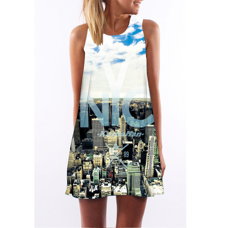 Summer women O-neck sleeveless dresses heart-shaped love printed white dress female fashion loose-fitting