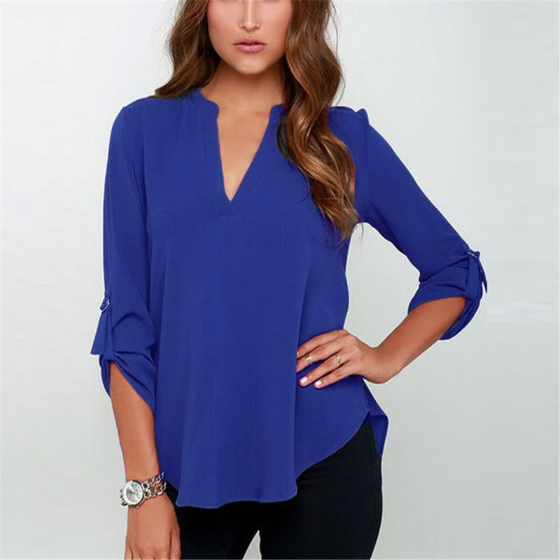 Women V-neck Chiffon Blouse Casual Long Sleeve Solid Shirts Tops Plus Size 5XL