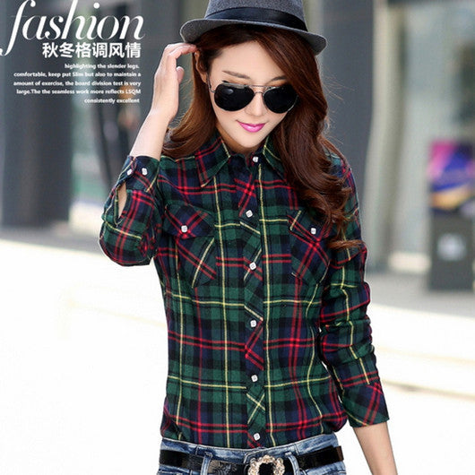 female and long sleeve casual plaid shirts / women's plus velvet youth pop thick slim shirt