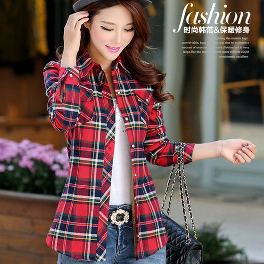 female and long sleeve casual plaid shirts / women's plus velvet youth pop thick slim shirt