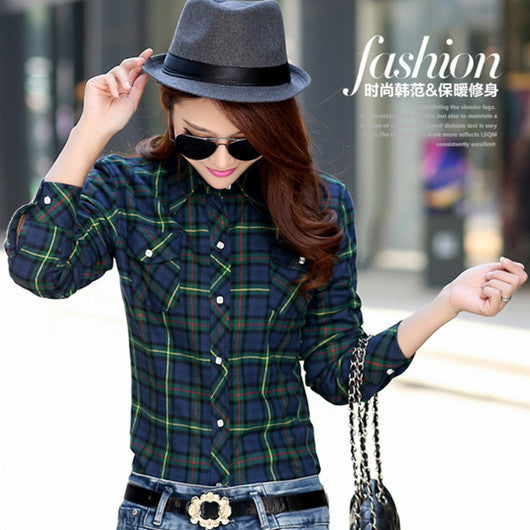 female and long sleeve casual plaid shirts / women's plus velvet youth pop thick slim shirt