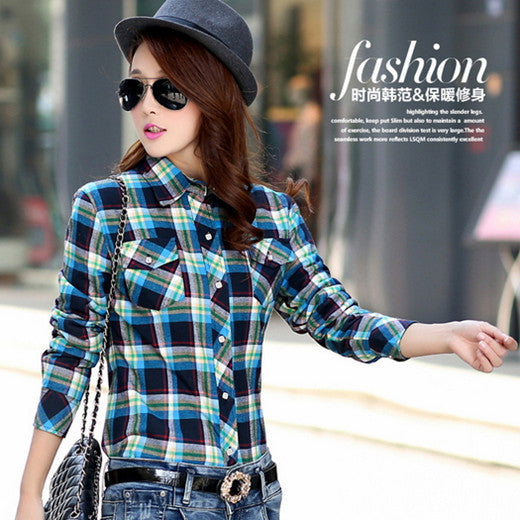 female and long sleeve casual plaid shirts / women's plus velvet youth pop thick slim shirt