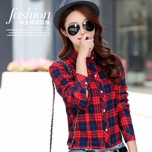 female and long sleeve casual plaid shirts / women's plus velvet youth pop thick slim shirt