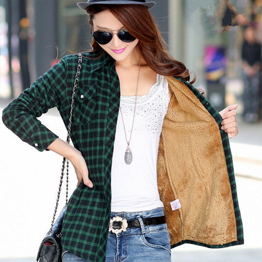 female and long sleeve casual plaid shirts / women's plus velvet youth pop thick slim shirt