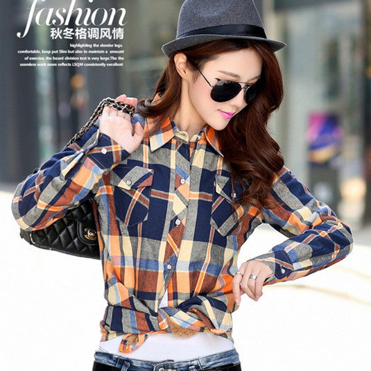 female and long sleeve casual plaid shirts / women's plus velvet youth pop thick slim shirt