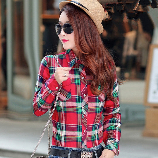 female and long sleeve casual plaid shirts / women's plus velvet youth pop thick slim shirt