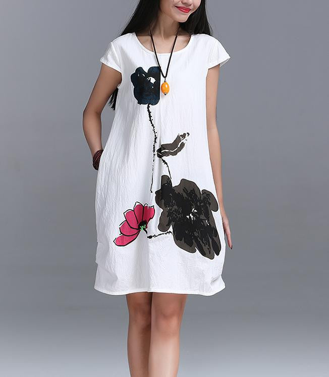 Fashion Summer Arts style High cotton linen Loose casual Women Dresses Vintage Ink Printing Short sleeve Dress