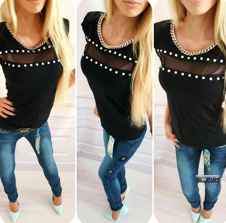 Online discount shop Australia - Fashion sexy women t shirt casual kawaii black chain rivet cotton hollow out lace clothing female tops shirts