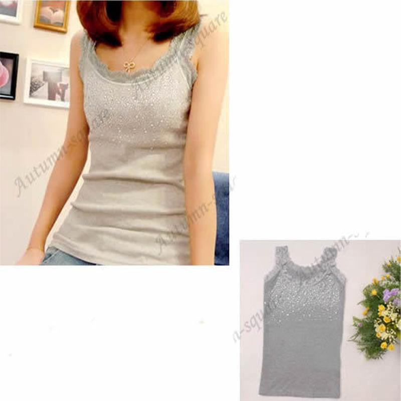 Women Tees Rhinestone Lace Stunning Based Sleeveless Vest Top