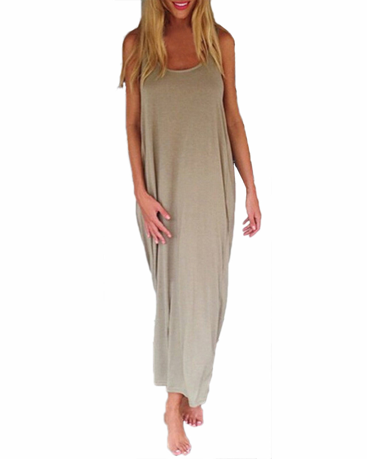 Women Fashion Casual Loose Solid Dress Sleeveless Backless Long Maxi Beach Dresses Plus Size