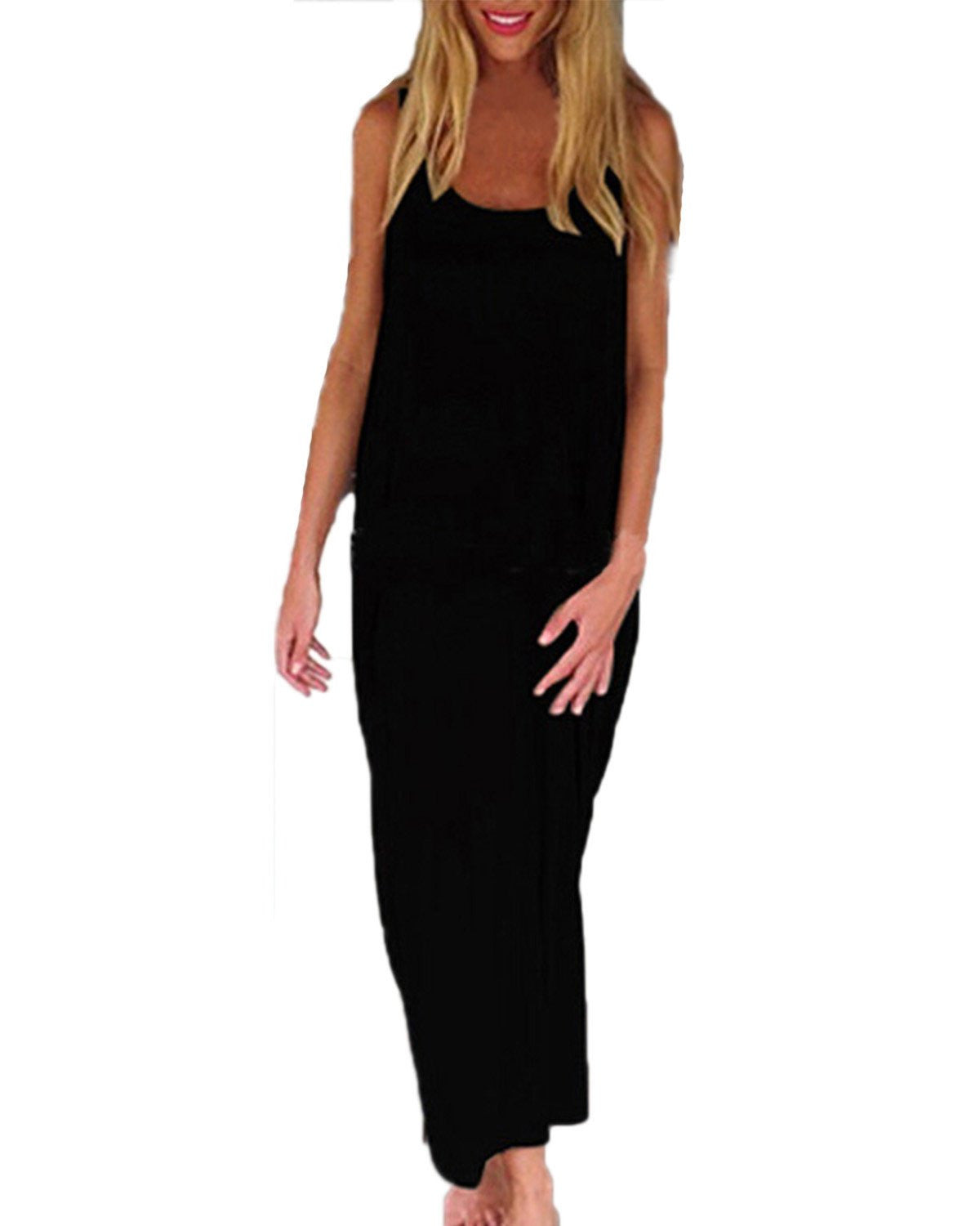 Women Fashion Casual Loose Solid Dress Sleeveless Backless Long Maxi Beach Dresses Plus Size