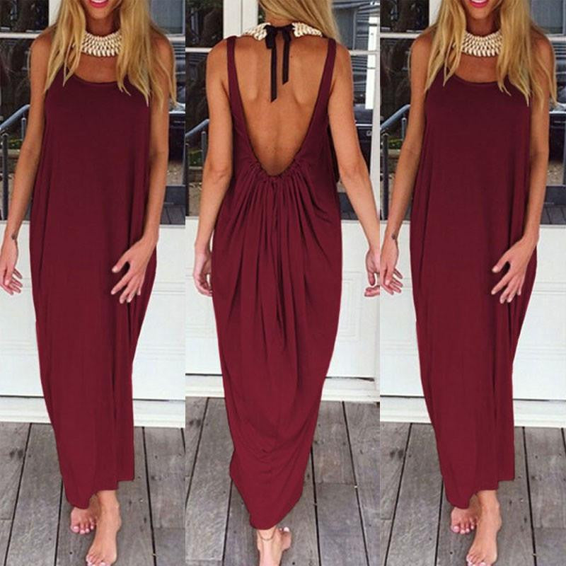 Women Fashion Casual Loose Solid Dress Sleeveless Backless Long Maxi Beach Dresses Plus Size