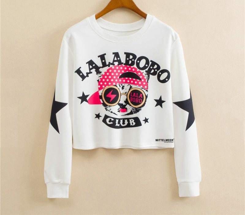 Women Casual Pullover Fashion Crop Tops Round Neck Long Sleeve Ladies Cat Short Cropped Sweatshirt