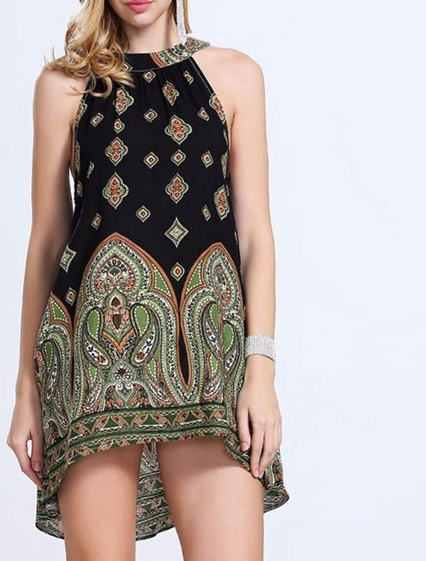 Summer Style Women Casual Loose Chiffon Dress Sleeveless O-Neck Print Boho Vestidos Beach Mini Dress Plus Size S-3XL