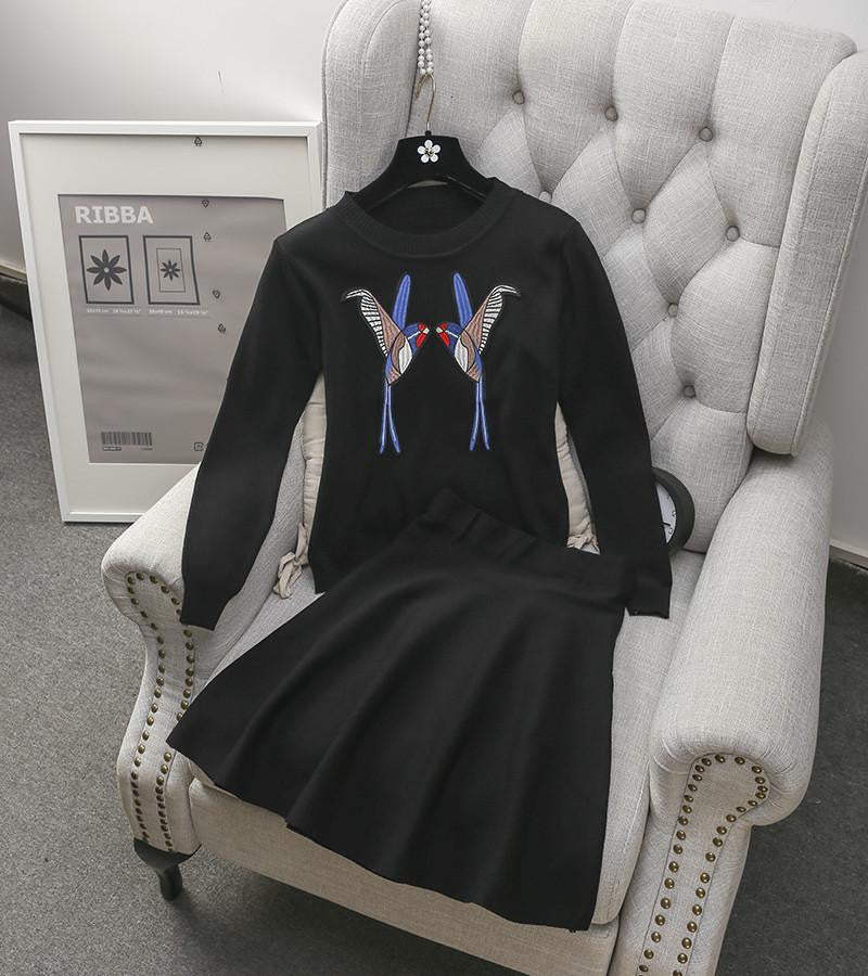 Online discount shop Australia - High-end Women's Sequined Embroider Bird Sweater Top + A-line Skirt 2pcs Sets Ladies Vogue Knit Suits Red Black Blue