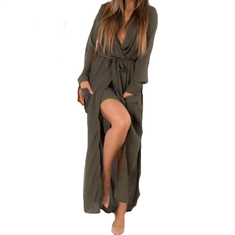 Zanzea Fashion Spring Autumn Women Casual Loose Deep V-Neck Long Maxi Dress Split Chiffon Dress Plus Size Vestidos