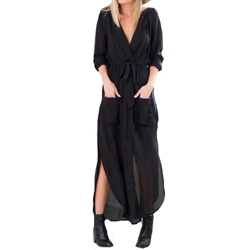 Zanzea Fashion Spring Autumn Women Casual Loose Deep V-Neck Long Maxi Dress Split Chiffon Dress Plus Size Vestidos