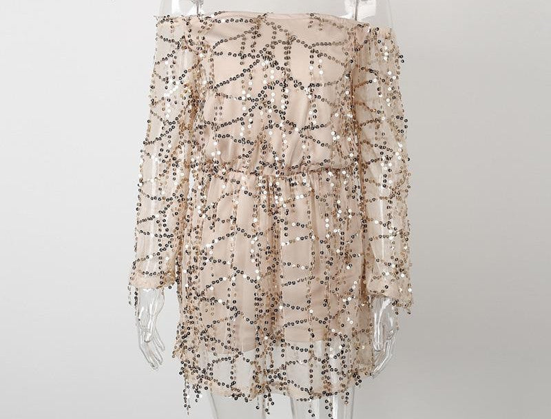 Online discount shop Australia - BerryGo Sexy off shoulder sequin tassel summer dress beach party short dress Women backless long sleeve vintage dress vestidos