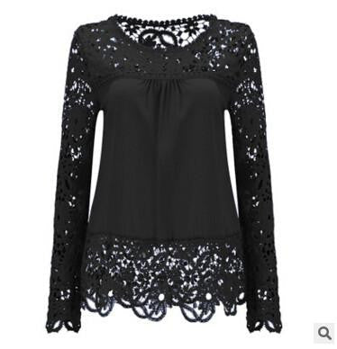 Women Fashion Elegant Lace Blouse Shirt Chiffon Long Sleeve Tops Plus Size Women Clothing 15 Colors S-7XL