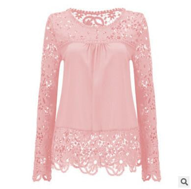 Women Fashion Elegant Lace Blouse Shirt Chiffon Long Sleeve Tops Plus Size Women Clothing 15 Colors S-7XL