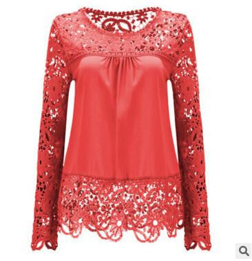Women Fashion Elegant Lace Blouse Shirt Chiffon Long Sleeve Tops Plus Size Women Clothing 15 Colors S-7XL