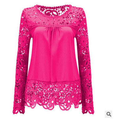 Women Fashion Elegant Lace Blouse Shirt Chiffon Long Sleeve Tops Plus Size Women Clothing 15 Colors S-7XL