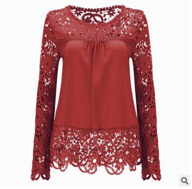 Women Fashion Elegant Lace Blouse Shirt Chiffon Long Sleeve Tops Plus Size Women Clothing 15 Colors S-7XL