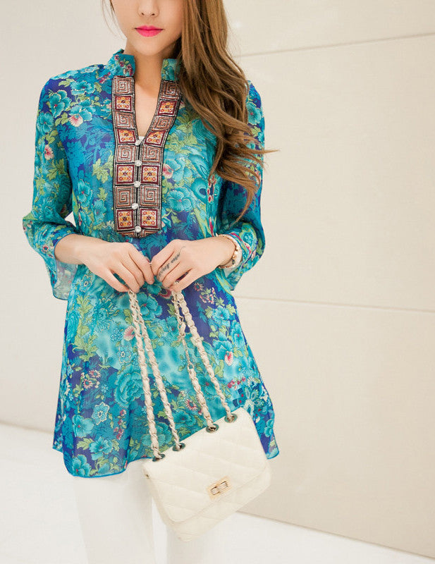 Online discount shop Australia - floral V-neck Women Chiffon Embroidery Print Casual Indian Dress Red / Blue plus size M-4XL Bohemian Dress