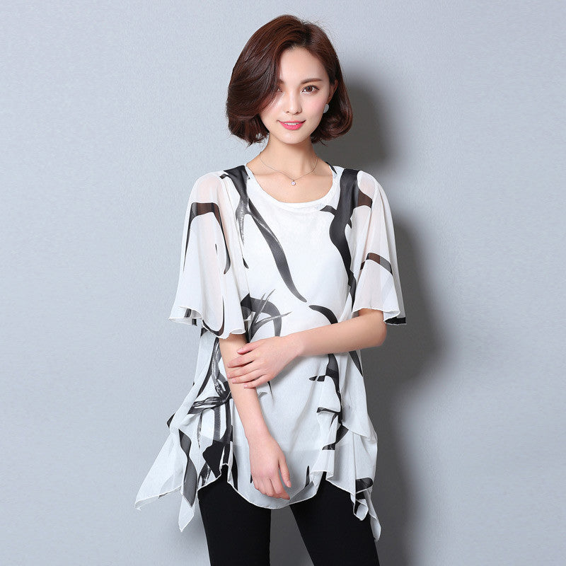 Online discount shop Australia - Bat shirt half Sleeve Chiffon Shirts Women printed Tops Long shirt White Blouse  style large plus Size XXXXXL DT228
