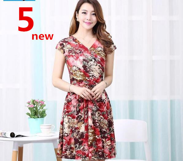 Women Spring Boho Asymmetrical One-piece Floral Print Plus Size Clothing V-neck Short-sleeve Summer Beach Dress QA282