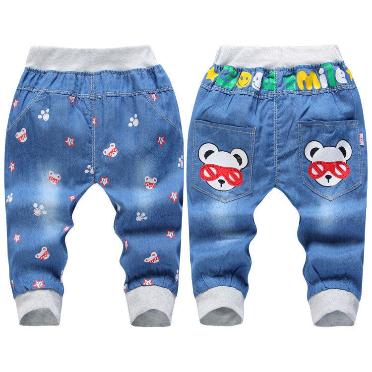 New Kids Jeans Elastic Waist Straight Bear Pattern Denim Seventh Pants Retail Boy Jeans For 2-5 Years WB142 - CelebritystyleFashion.com.au online clothing shop australia