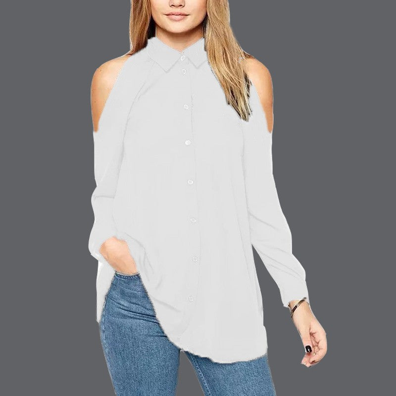 Plus Size Women Turn Down Collar Long Sleeve Tops Shirt Off Shoulder Long Chiffon Blouse